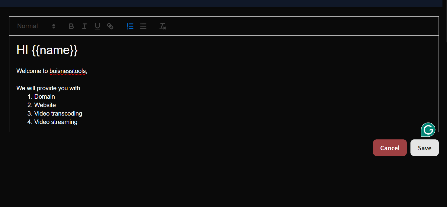 Screenshot showing the rich text editor with ‘Heading 1’ selected and a numbered list being created