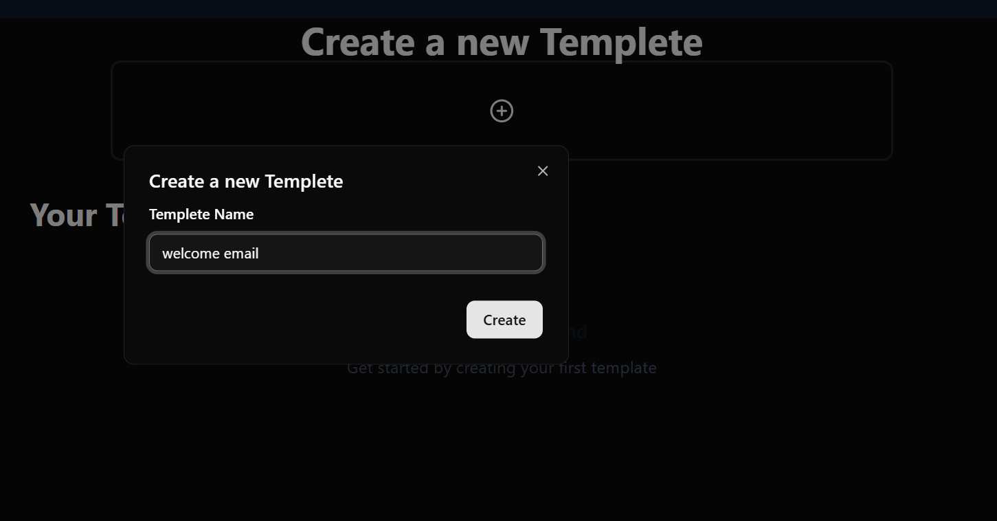 Screenshot of the ‘Create a new Template’ modal with the name ‘sahil’ being typed into the input field